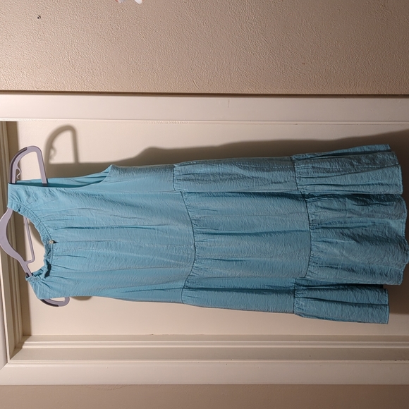 Loft soft teal ruffle neck dress - Picture 2 of 6